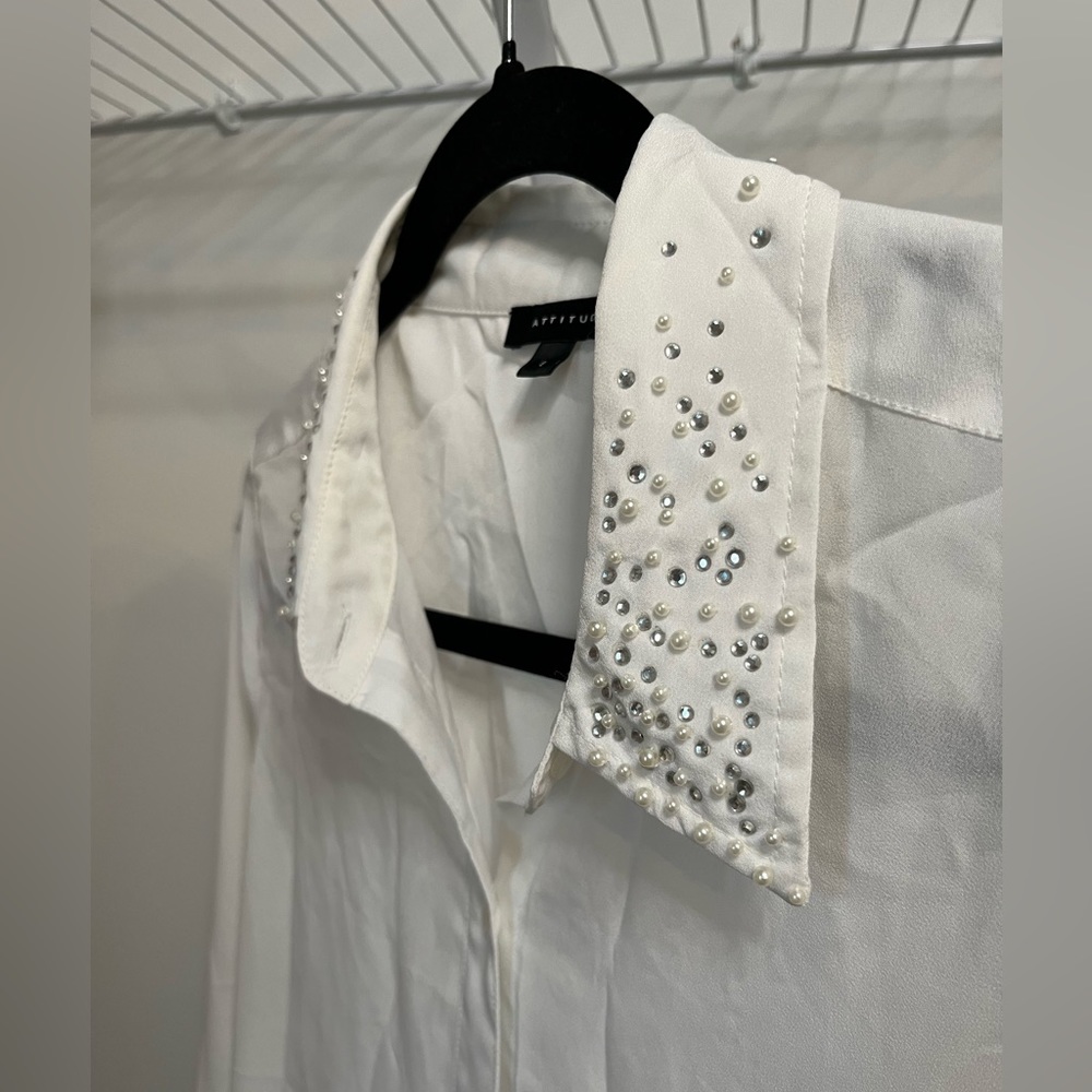 White blouse with pearl beaded collar
